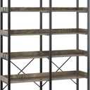 Seventable Bookshelf 6 Tier with 4 Hooks67Industrial Wooden Bookcase, Vintage Storage Rack with Open Shelves, Rustic Standing Bookshelves Metal Frame 43.3 Wide Display Rack, Gray (Grey)
