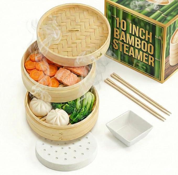 Prime Home Direct Bamboo Steamer Basket 10Inch | 2Tier Steamer for Cooking | 50 Liners, Chopsticks, Sauce Dish | Steaming Asian Food, Bao Buns, Chinese, Dim Sum, Dumpling, Rice, Vegetable Steam Pot