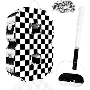 Checkered Number 8 Pinata Black and White Checkered Pinata with Stick and Blindfold Confetti for 8th Birthday Racing Car Party Game Supplies Race Car Pinatas