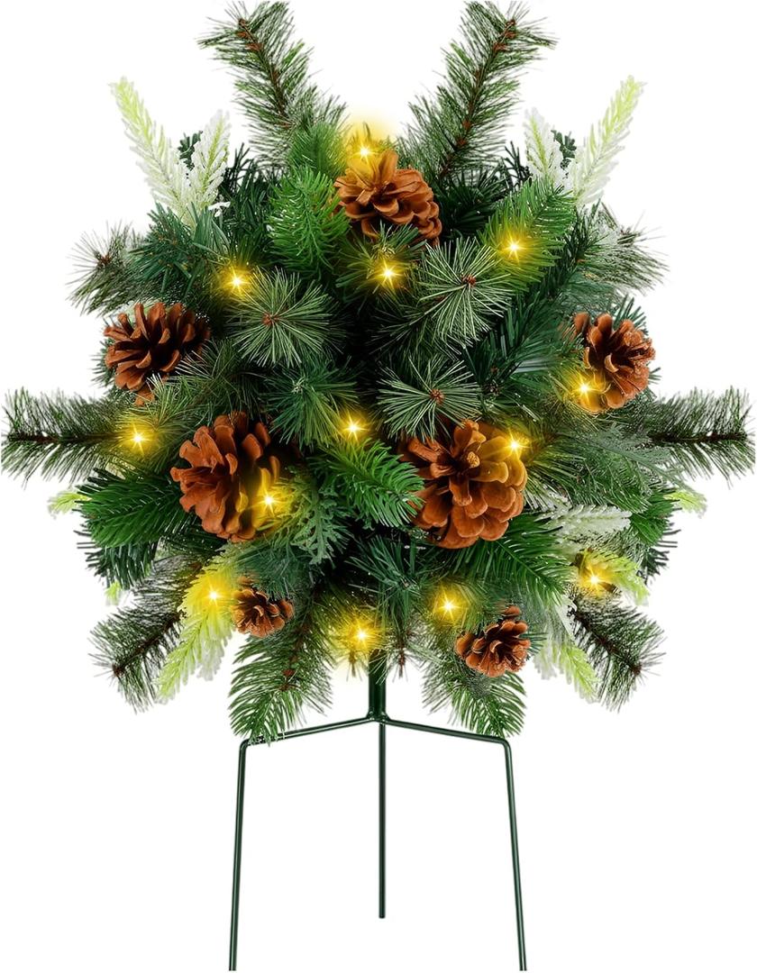 Liliful 1 Set Lighted Artificial Christmas Urn Filler 18 Inch, Battery Operated Pre Lit Artificial Christmas Tree Outdoor Light up Planter Filler Lighted Xmas Trees with LED Lights Timer (Novel)