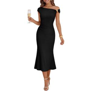 MEROKEETY Women's Wedding Guest One Shoulder Dresses 2026 Summer Formal Elegant Cocktail Party Midi Dress (Black, M)