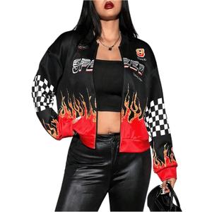 OYOANGLE Women's Plus Size Letter Graphic Zip Up Varsity Jacket Long Sleeve Y2K Streetwear Racer Motorcycle Jacket X-Large Plus, Black