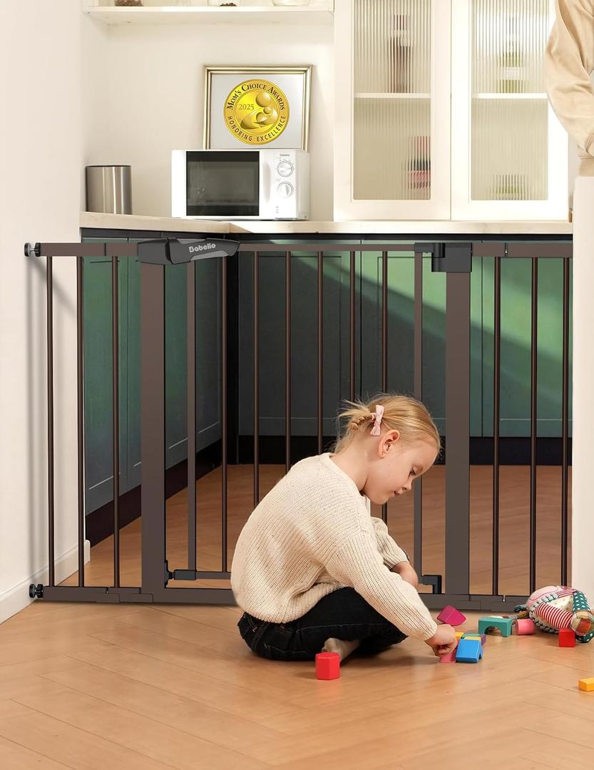 Babelio Metal Baby Gate, PressGuard P7, 29-48" Auto Close Easy Install Pet Gate, Extra Wide Walk Thru Child Safety Gate, Pressure Mounted Dog Gate for Doorways and Stairs, Brown