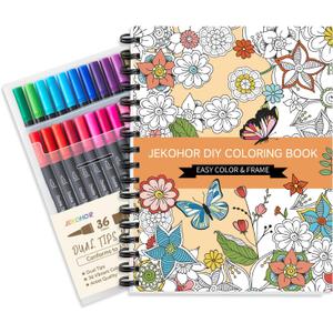 Adult Coloring Book Set,Spiral Bound Coloring Books for Adults Relaxation with 36 Colors Non-Toxic Markers, Anxiety Relief Gifts with 30 Patterns Included Mandala Animal Flowers