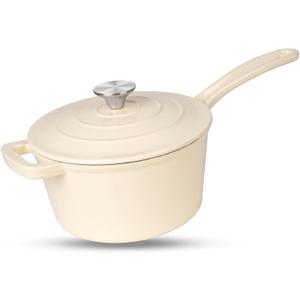 Enameled Cast Iron Sauce Pan, 2 Quarts Round Sauce Pot with Lid, Mini Dutch Oven Enamel Saucepan for Cooking Pasta Sauce, Marinate, Cook, Refrigerate and Serve, Cream White