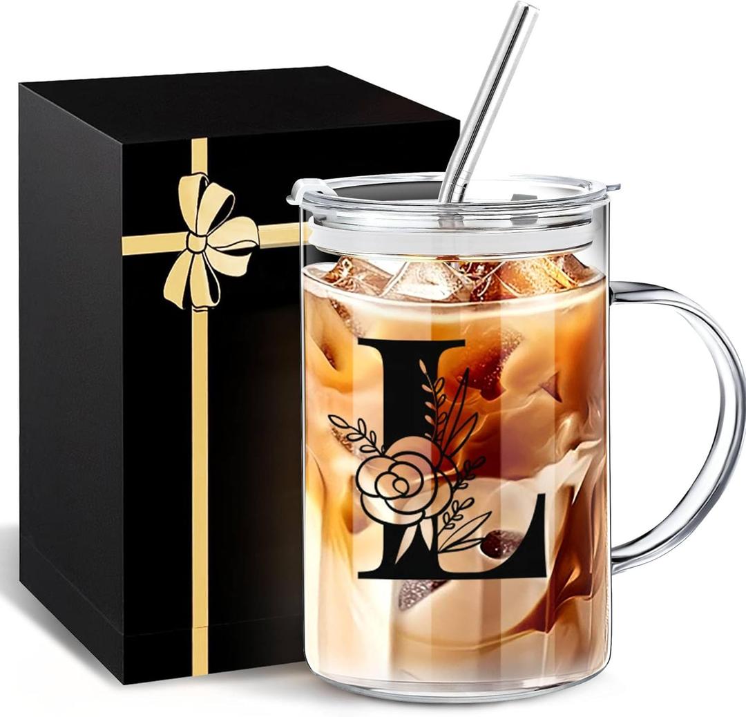Yekidos Initial Extra Large Glass Drinking Cup With Lid Straw Teacher Appreciation Gifts Mug Gift For Her Glass Tumbler Cup Retirement Gift For Woman Teacher Must Have Present Work Essentials
