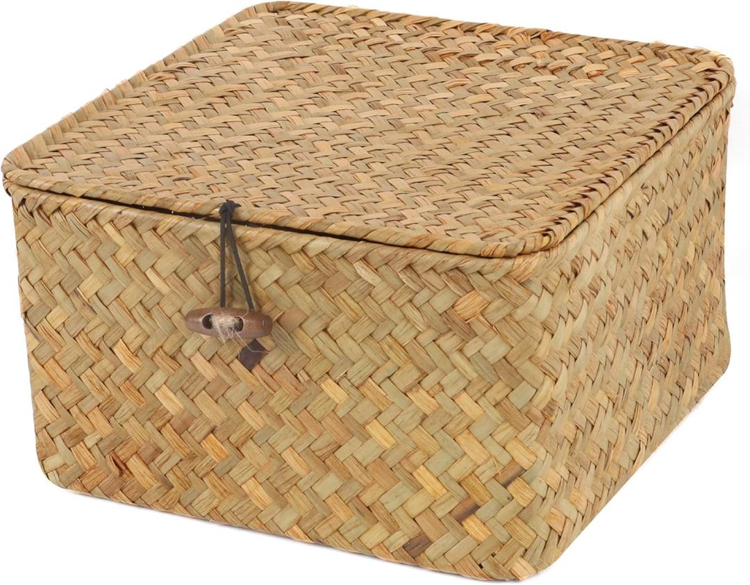 Moosky Wicker Shelf Baskets with Lid, Handwoven Seagrass Storage Basket Bins Square Gift Boxes for Shelves Home Decor Organizer (Natural, Small)