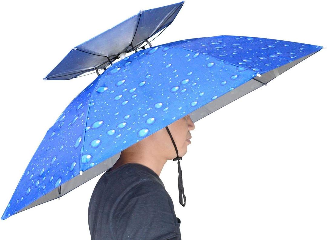 NEW-Vi Fishing Umbrella Hat Folding Adjustable Sun Rain Cap, 37.4Oversize Hands Free Umbrellas, 7-Ribs Anti-UV Waterproof Headwear for Fishing Gardening Golf Sunshade Outdoor (Drip Blue Oxford cloth double layer)