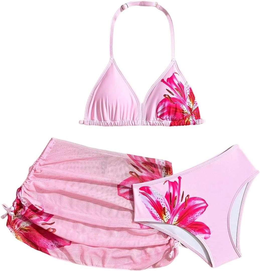 RoseSeek Girl's 3 Piece Cute Bowknot Bathing Suit Halter Triangle High Waisted Swimsuit with Beach Cover Up Skirt