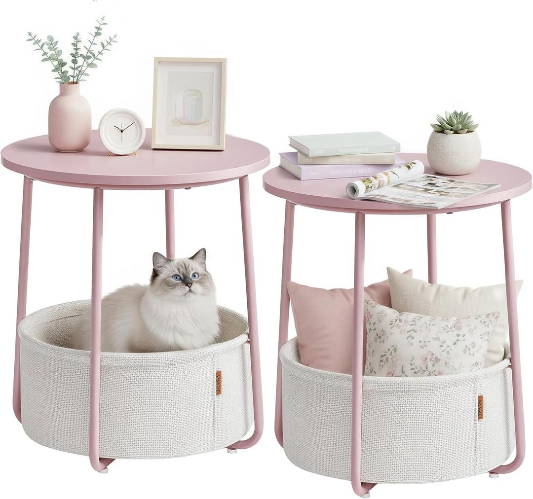 VASAGLE LILEA Collection - Small Round Side End Table, Modern Nightstand with Fabric Basket, for Living Room, Bedroom, Set of 2, Jelly Pink and Cream White ULET225SA01S