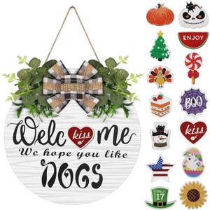 Interchangeable Wooden Seasonal Welcome Wreath, Rustic Round Dogs Front Door Wreaths for Home/Wall/Porch/Farmhouse Decor, for Easter Spring Summer Fall Halloween Christmas All Season Decorations (White)