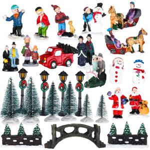 Soaoo 24 Pieces Christmas Village Figurines Decoration Set Christmas Village Accessories with Santa Claus Snowmen Street Lamps Tree for Christmas Town Scene Desktop Ornaments Landscape Decor