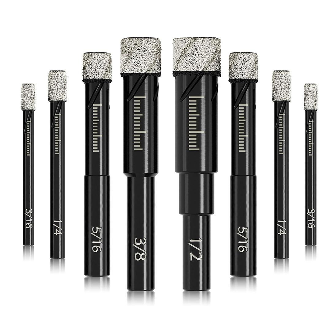 6 Pack Diamond Drill Bits Set for Granite Ceramic Marble Tile Stone Glass Hard Materials, Integrated Coolant for Fast Dry Drilling, Size 3/16 1/4 5/16 3/8 1/2 inch Masonry Core Drill Bits, Round Shank