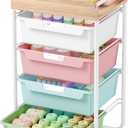 Rolling Craft Storage Cart with 4 Drawers,Utility Cart with Drawers,Art Craft Organizers and Storage,Kids Craft Cart,Kids Art Cart With DIY Lable and Wooden Tabletop Area,Colorful