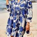 Cicy Bell Womens Floral Mini Dresses 3/4 Balloon Sleeve V Neck Flowy Babydoll Dress Summer Beach Vacation Boho Outfits (Blue, S)