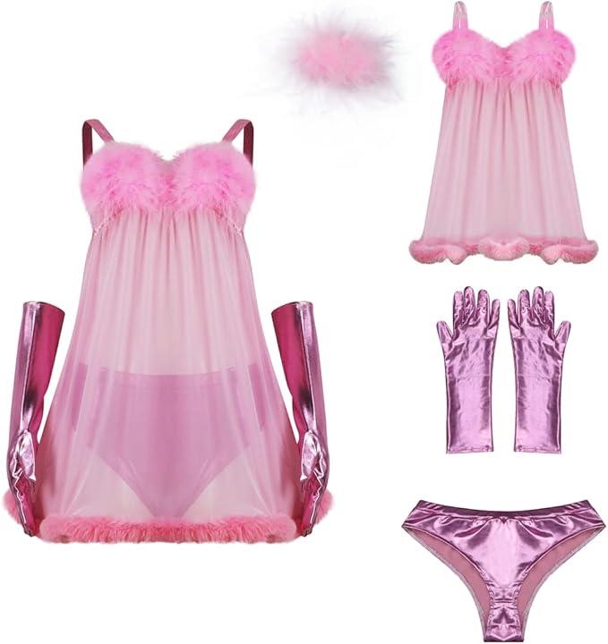 Fembot Costume Dress Women's Pink Sexy Negligees Robot Cosplay Halloween Costumes with Gloves Outfit, Pink, Size S