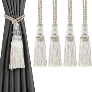 Curtain Tiebacks with Tassel, Outdoor Elegant Decorative Curtain Holdback,Modern Rope Window Curtain Ties Backs for Draperies with Hooks 2 Pack (4, Beige)