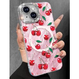 Toycamp for iPhone 15 Case - Compatible with Magsafe Aesthetic Cute Holographic i15 Case with Diamond Bling Lens Protector for Apple 15 Cover for Women Girls, PK Cherry