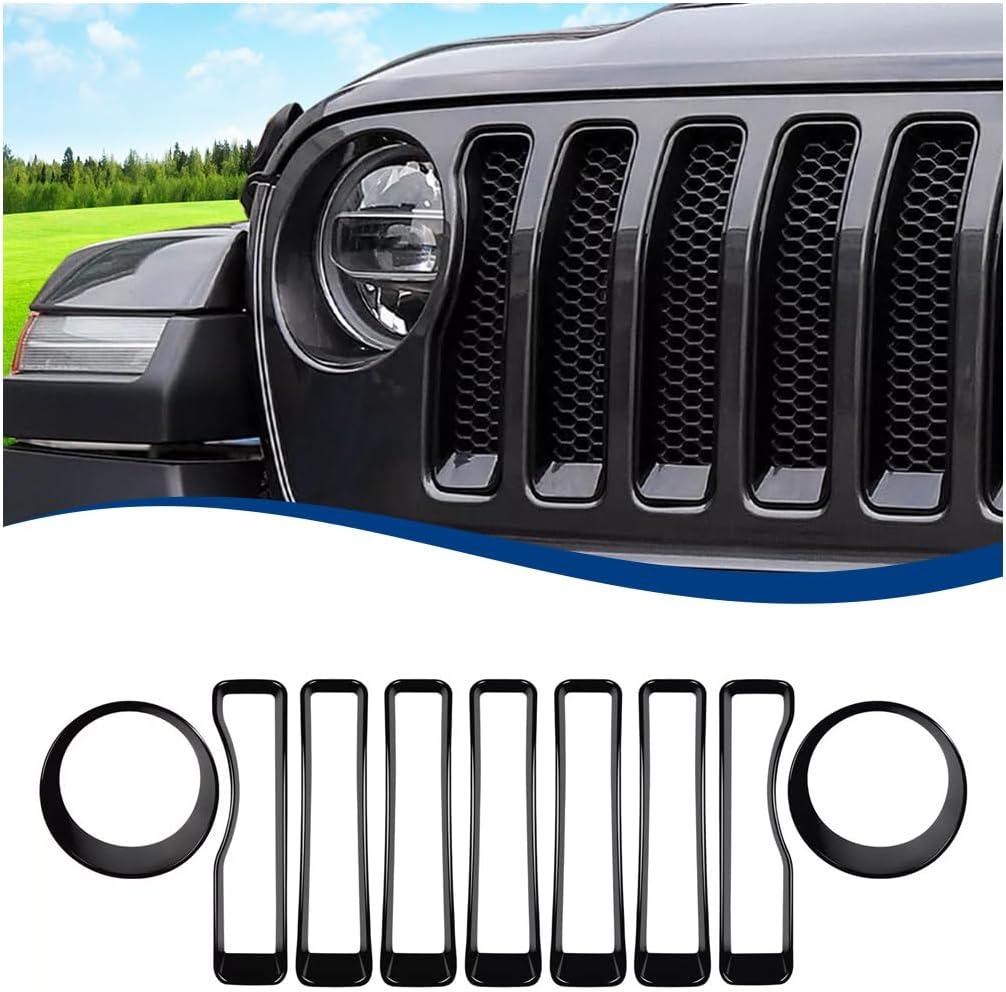 Front Grille Inserts & Headlight Cover Compatible with (2018-2023) Jeep Wrangler JL JLU (Black, Sport/Sport S)