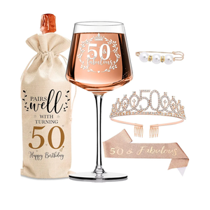 50th Birthday Gifts for Women Her - Elegant Decorations with Vintage Wine Glasses, Wine Bag, Birthday Sash, Crown,Rhinestone Birthday Tiara, Perfect for Women,Mom,Wife,Coworker,Best Friend,Sister