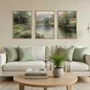 Aurlan Vintage Green River Landscape Framed Canvas Wall Art Set-16"x24"x3 | Large Rustic Countryside Stream Meadow Wall Decor,Misty Natural Valley Scenery Artwork for Living Room,Bedroom,Farmhouse