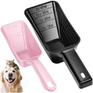 2 Pack Dog Food Scoop with 1 Cup and 2 Cup Capacity, Plastic Pet Food Measuring Scoops with Clear Measurement Lines for Dogs, Cats & More,Dishwasher safe (Pink and Black)