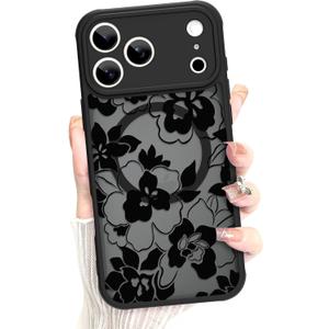 MZELQ Compatible with iPhone 17 Pro Max Case Flower Pattern Matte -Black | Floral Cute Support for MagSafe Skin-Touch Crystal for Girls Women