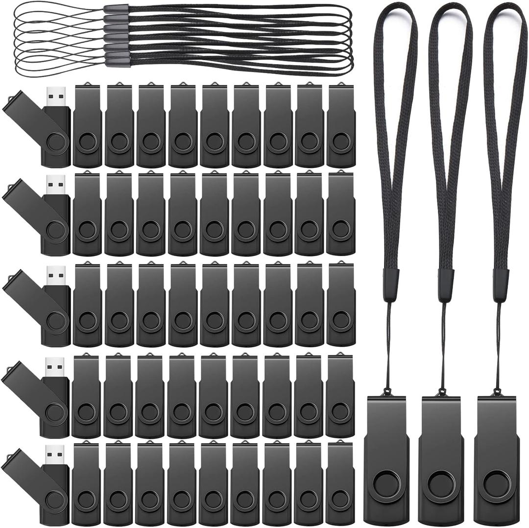 Aoriher 50 Pack USB 2.0 Flash Drives Bulk, Portable USB Thumb Drives with Lanyards, Swivel Flash Drives Thumb Drives for Office School Data Storage (Black, 2GB)