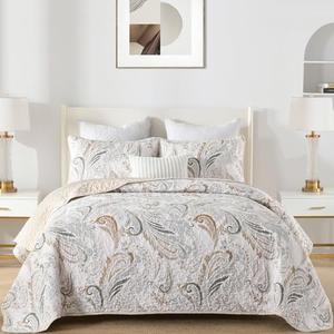 WONGS BEDDING Boho Quilt Set Queen,Beige Paisley Floral Pattern Bedspread Coverlet Set with 2 Pillowcases,Lightweight Microfiber Bohemian Quilt Bedding Set 96"×90"