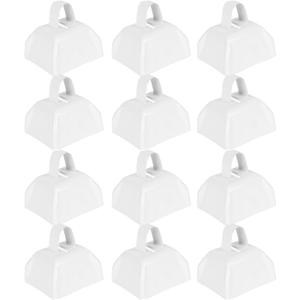 Cow Bells Noise Makers for Sporting Events: 12 Pcs Small White Cowbells with Handle Loud Bells Bulk - Metal Cheering Bell Hand Percussion for Football Games Graduation Weddings - White