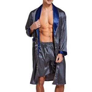 Sanraflic® Mens Satin Robe Lightweight Silk Long Sleeve Bathrobe with Shorts Set Spa Kimono Sleepwear Nightwear (Blue, L)