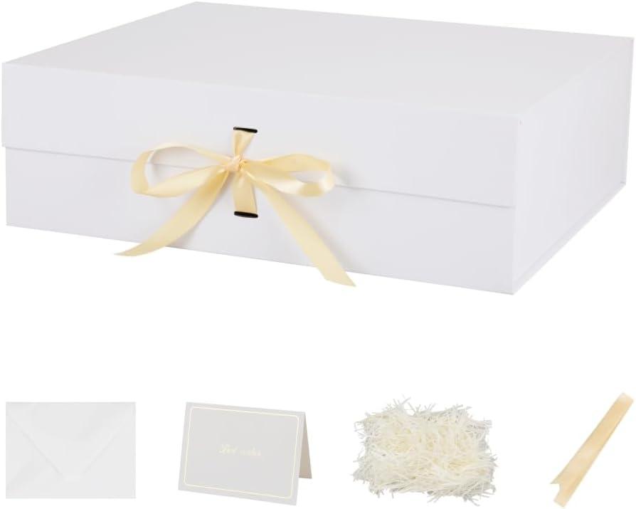 BoxSkivra White Extra Large Gift Box with Lid 1 Pack 19x16x6 Inch Large Gift Boxes with Crinkle Paper & Card Magnetic Gift Box with Ribbon for Wedding Dress, 1 count