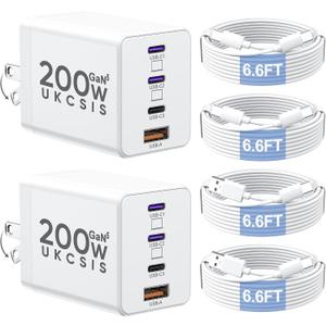 2 Pack 200W USB C Charger Block, Adapter for iPhone 17/16/15 Pro Max Charger Fast Charging, Foldable 4-Port GaN5 Fast Charging Block, Dual 65W Laptop Super Fast Charger Type C for MacBook Pro/Air iPad