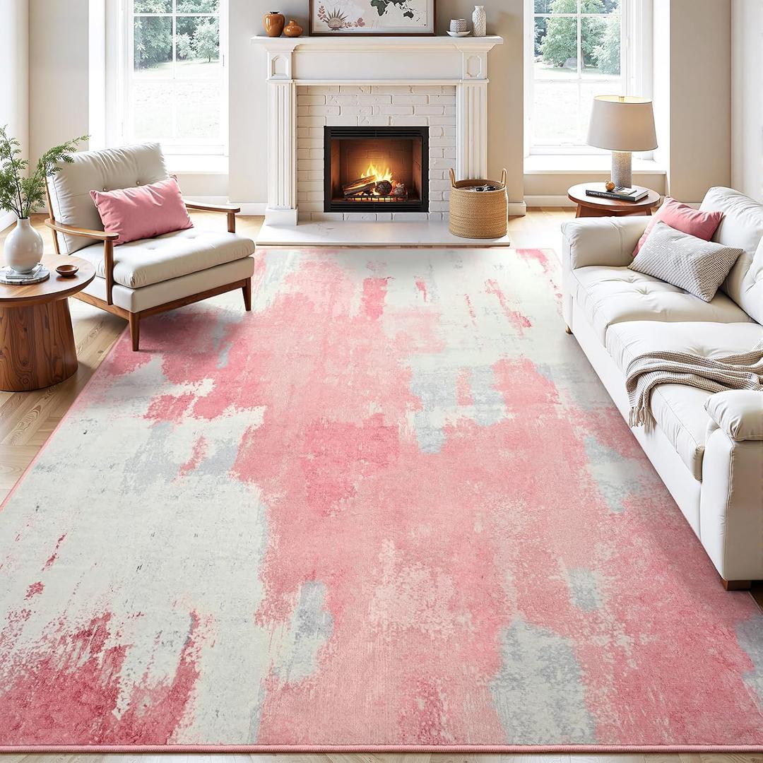 Kelarea Washable Area Rug 8x10, Non-Slip Low Pile Abstract Pink | Water & Stain Resistant, Pet Friendly, Easy Clean, Ultra Soft, for Living Room, Bedroom, Nursery, Ofiice