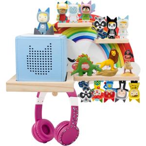 Wall Shelf (Rainbow) for Toniebox, Headphones,Charging Station and 18-24 Tonie Figures, Magnetic Wooden Floating Shelf Compatible with Toniebox MP3 Audio Player & Character, Storage Rack for Kids