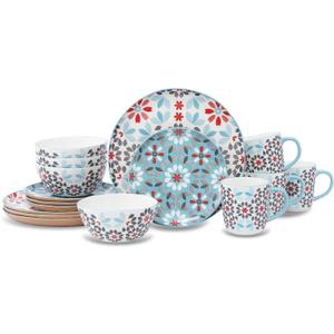Lorren Home Trends Bone China 16-Piece Dinnerware Set, Floral Pattern with Blue and Red, Microwave and Dishwasher Safe, Service for 4