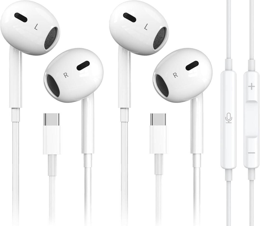 2 Pack-USB C Headphones for iPhone 17/16/15 Pro Max Plus Type C Earbuds with Microphone & Remote Noise Cancelling Earphones for iPhone 17/16/15 Pro, iPad,Galaxy S25/S24/S23/S22/S21/Ultra Note 10/20 (White)