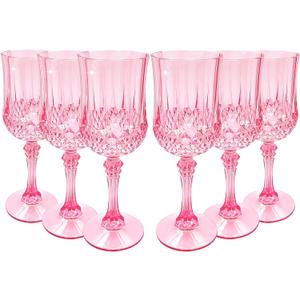 JUSONEY 7oz Vintage Plastic Wine Glasses,Crystal Textured Plastic Goblets,Disposable Wine Glasses for Parties,Weddings,Elegant Events(6-Pink)