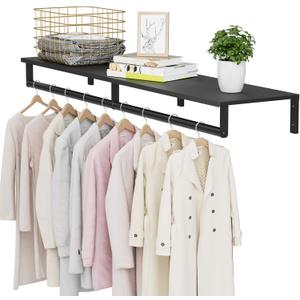 Wall Mounted Clothes Rack with Top Shelf, 46.5'' Industrial Clothing Rack Heavy Duty, Metal Shelf with Hanging Rod, Garment Rack Laundry Room Shelves, Space Saving (Black)