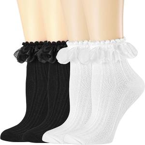 BIVOLU Womens Crew Socks Lace Ruffle Frilly Cotton Cute Princess Ankle Dress Socks for Girl 4 Pack, 5-9