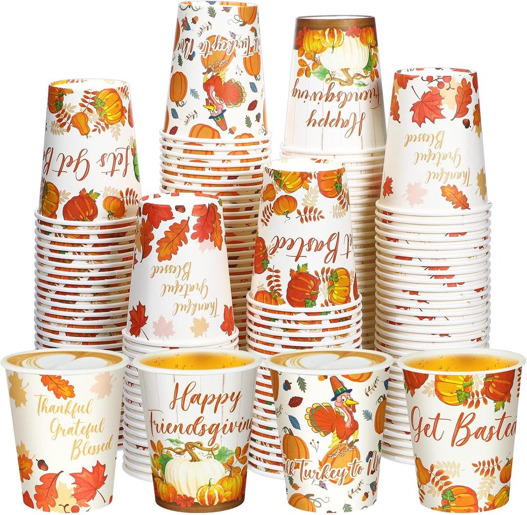 Domensi 200pcs Fall Friendsgiving Disposable Cups 9 oz Autumn Coffee Cups Pumpkin Maple Leaves Paper Thanksgiving Harvest Drinking Accessories for Juice Hot Cold Drinks Coffee