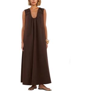 MISSACTIVER Women's Sleeveless Maxi Dress Scoop Neck Ruched Long Dress with Side Pockets Wide Shoulder Elegant Blouse Dresses (Brown) L