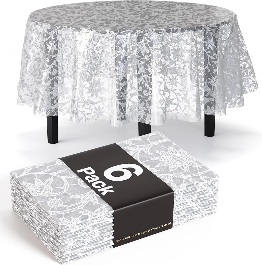 Exquisite Lace Table Cloth Round Table Plastic 6-Pack Lace Tablecloth Round 84" | Clear & White Floral Tablecloth Disposable | Wild Flower Party Decorations & Party Supplies