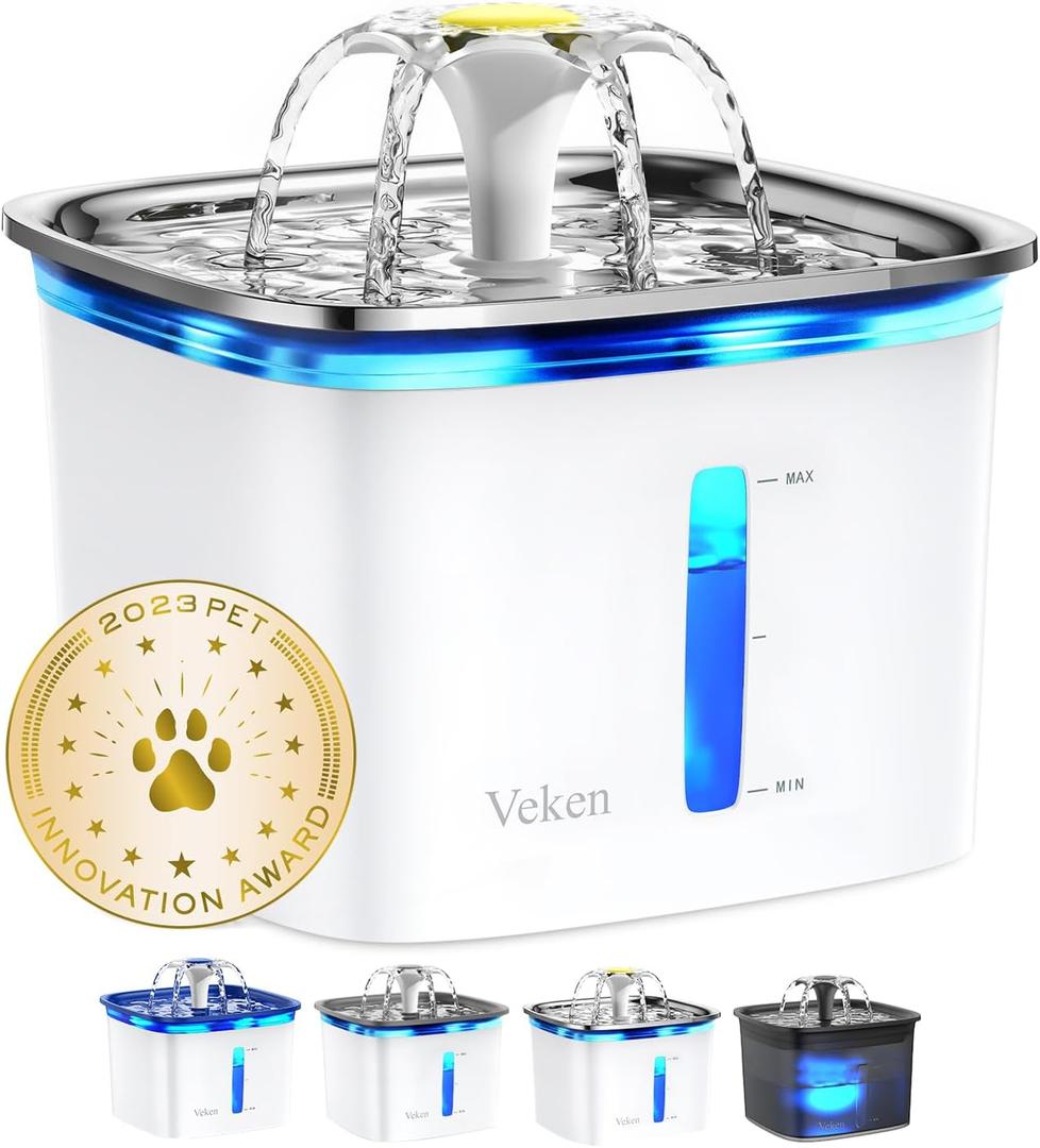 Veken Innovation Award Winner 95oz/2.8L Cat Water Fountain with Stainless Steel Lid, Automatic Pet Fountain Dog Water Dispenser with Replacement Filters for Cats, Dogs (Silver, Stainless Steel)
