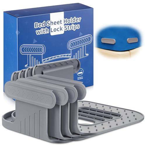 AUKCLAX Bed Sheet Holder for Corners, Heavy Duty Lock Fitted Bedsheet Clips with Enhanced Straps, No More Loose Sheets, Keep Sheets Firm and Tight, Easy Installation (Grey)