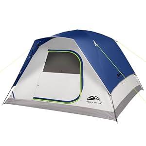 Happy Travel Camping Tent, 4 Person Dome Tents for Camping with Rainfly, Waterproof Clip Easy Setup Portable Family Tent with Mesh Windows, 20% More Headroom Backpacking Tents for Camping & Hiking