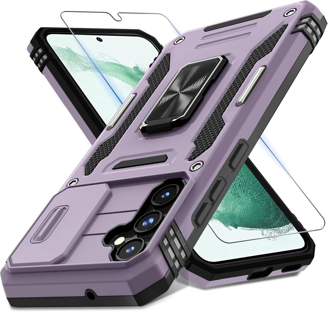 DEERLAMN Case for Samsung Galaxy S23 FE 6.4-Inch with Slide Camera Cover+Screen Protector(1 Pack),Rotated Ring Kickstand Military Grade Shockproof Protective Cover-Deep Purple