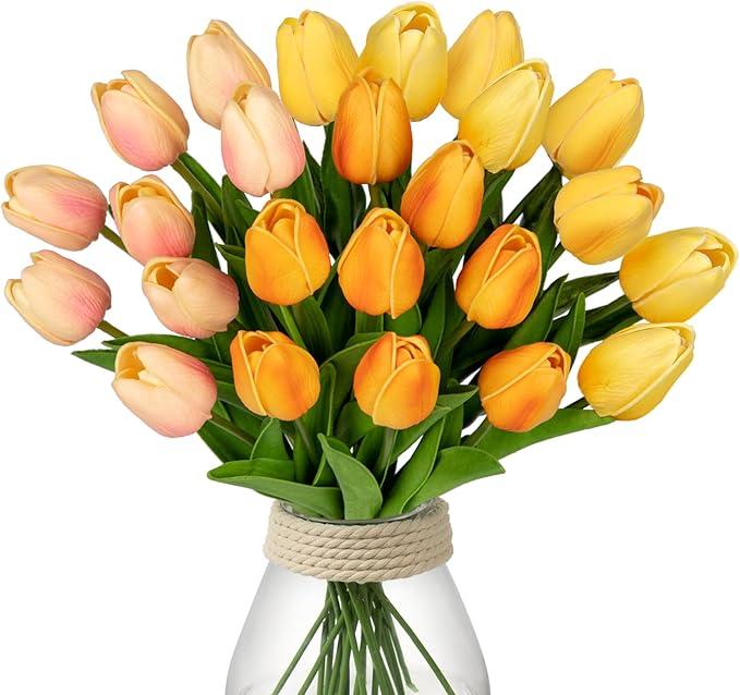 24 Pink Tulips - Artificial Flowers - 13.5" Faux Tulips for Mother's Day, Vase, Centerpieces, Home, Wedding Bouquet (24pcs Gradient Peachy)