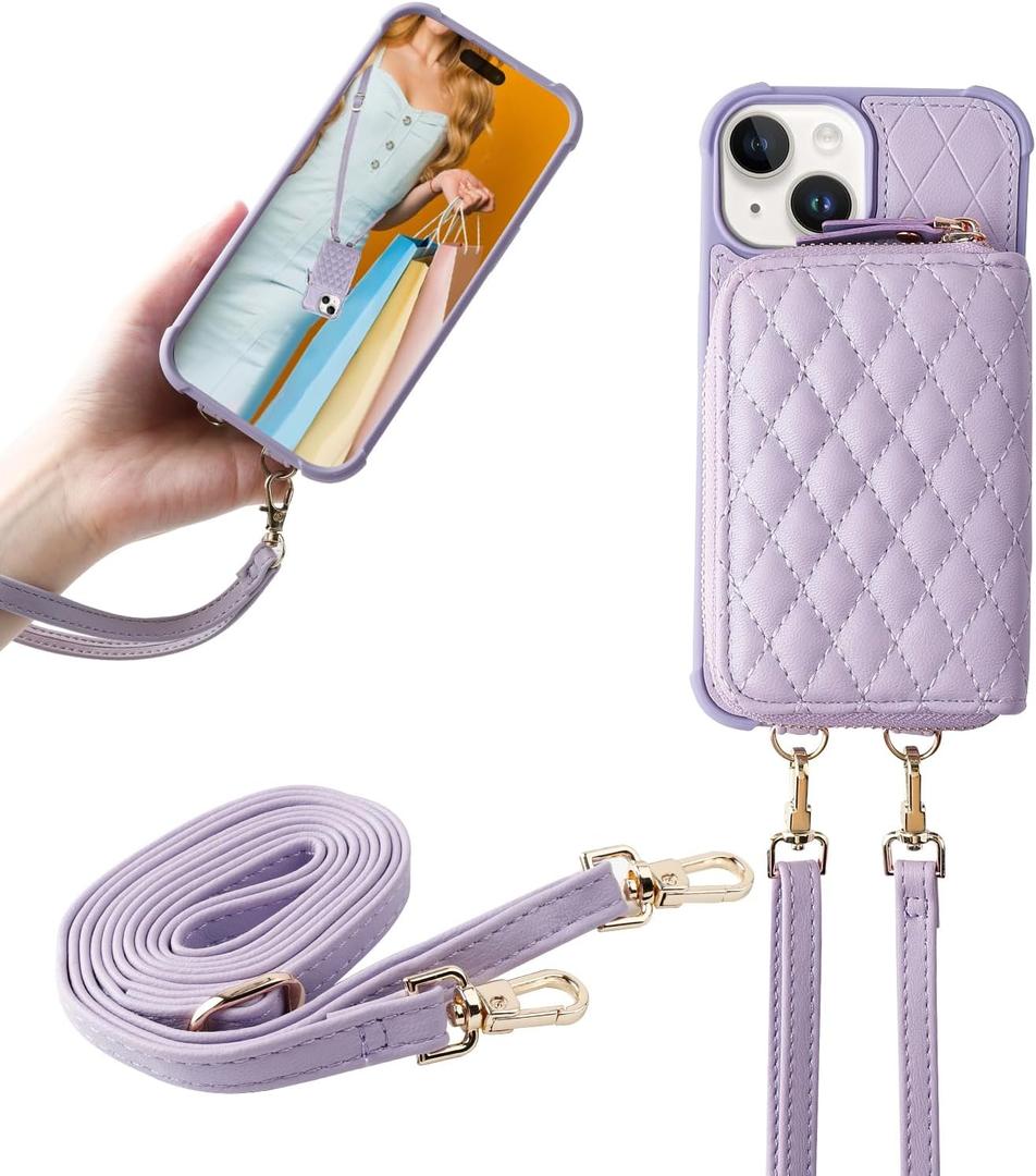 MONASAY Zipper Wallet Case Compatible for iPhone 15,[Glass Screen Protector ][RFID Blocking]Flip Leather Handbag Phone Cover with Card Holder&Detachable Crossbody Shoulder Lanyard Strap, Light purple