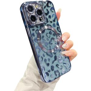 ZONRW for iPhone 15 Pro Case Magnetic,Soft Cute Luxury Leopard Cheetah Pattern Plating Glitter Bling Phone Case Compatible with MagSafe Clear Shockproof Back Cover for Women Girl 6.1"-Blue